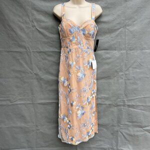 Lulu's Size S Beige Blue Floral Sweetheart Neckline Dress Sleeveless Midi